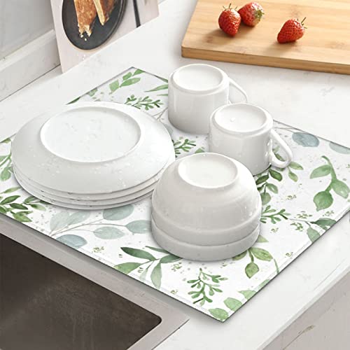 Vodbne Sage Green Leaves Dish Drying Mat Xl For Kitchen Counter Microfiber Absorbent Dish Draining Reusable Washable Large 18"X24" #TOP2