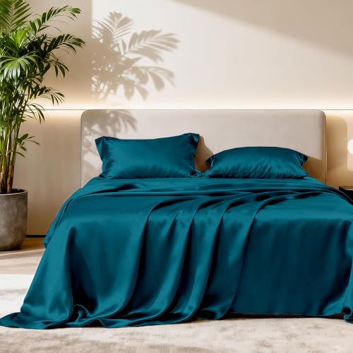Image of Soft and Silk Satin Bedsheet for Single Bed - 400 TC Romantic Bedsheet Set for Bedroom | Bridal Wedding Bedsheet with Pillow Cover | Ideal for Gifting Teal, Single Bed