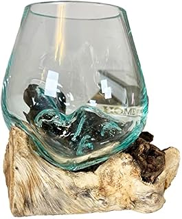 Darthome Molten Glass Round Bowl On Rustic Teak Root Wood Base Stand Decor Ornament Gift 14cm
