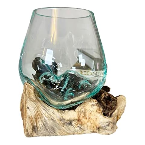 Darthome Molten Glass Round Bowl On Rustic Teak Root Wood Base Stand Decor Ornament Gift 14cm Cover