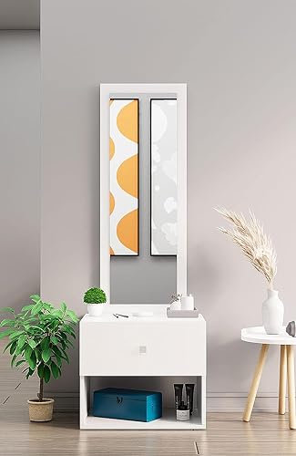 Image of Bniture Wooden Dressing Table for Bedroom with 1 Drawer, Mirror and Huge Storage Space | Long Dresser Vanity Table with Mirror (42D x 60W x 180H CM) (Frosty White, HXDR105)