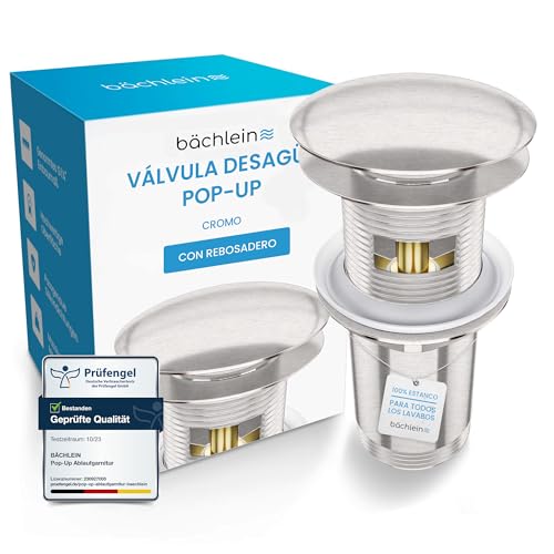 Bächlein Desagüe Universal con Rebosadero para Lavabo & Lavamanos - Válvula Pop Up Automática de Acero Inoxidable Cepillado - incl. 3 Juntas para Todo Tipo de Lavabos - Instalación con Instrucciones
