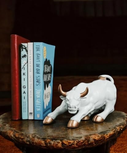 Image of UAG Exports White & Golden Gloss Geometric Charging Bull Idol | Polyresin Bull Statue for Stock Market Success, Office Desk Decor, Trading Room Showpiece Gifting (9 Inch)