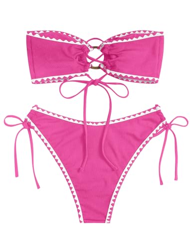 Image of ZAFUL Women's Bandeau Bikini O Ring Strapless Tie Back High Cut Two Piece Swimsuit Bathing Suits