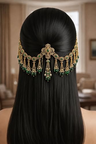 Image of Green Kundan Pearl Ear Chain for Women | Traditional Bridal Ear Accessory | Gold Plated Ethnic Side Jhumar Pair