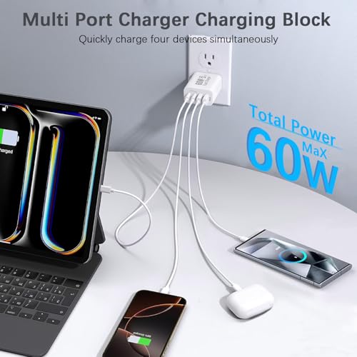 Image of 60W USB C Charger Block,2Pack 4-Port GaN USB C Charger Fast Charging Wall Plug Dual Type C+Dual USB-A Port Multiport Power Adapter Cube for iPhone 17 Pro Max /16e /15 /14 /13 /12 /11,iPad Pro /Air /Mini
