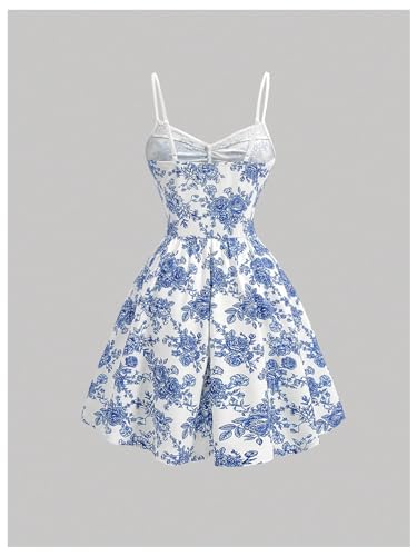 Milumia Women's Floral Print Lace Pearl Beaded Corset Dress Flared Cami Short Dresses2