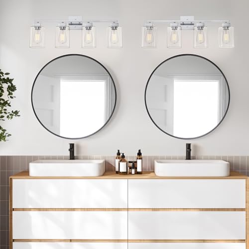 Image of 4 Light Bathroom Vanity Light - Chrome Bathroom Light Fixtures Square Design & UL Certification, 26 inch Square Bath Room Lights Over Mirror, Vanity Lighting Fixtures for Living Room & Bedroom