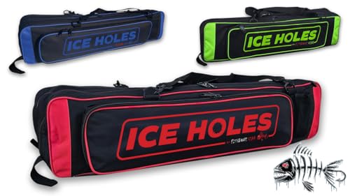 ICE Fishing Rod Tackle Bag - Fishbone Gear Ice Holes Soft Sided Traveling Case Box Water Proof Bottom Multi Use Storage tungsten Jig Rod and Reel Combo Tip Up Gloves (Red)