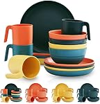 Kyraton Plastic Dinnerware Set of 16 Pieces, Unbreakable and Reusable Light Weight Plates Mugs Bowls Dishes Easy to Carry and Clean Microwave Safe BPA Free Dishwasher Safe Service for 4 (Mutil Color)