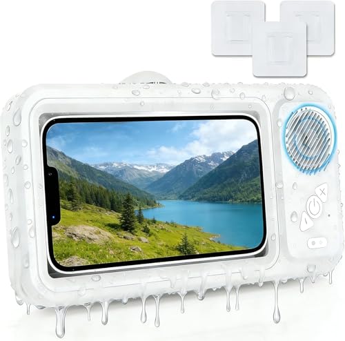 pjpkow Waterproof Shower Phone Holder with Bluetooth Speaker IPX4 Anti-Fog 360 Rotatable Suction Mount for Bathroom Kitchen