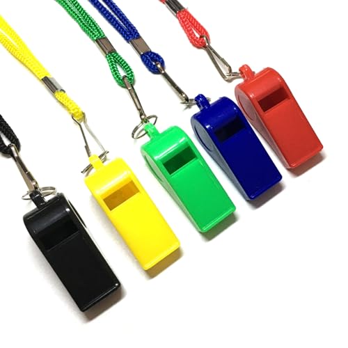 iJiGui Lot de 5 Sifflets en Sport Plastique, Sifflet Fort et Net avec Cordon, Idéal pour Les Entraîneurs, Arbitres, Officiels et Dressage de Chiens