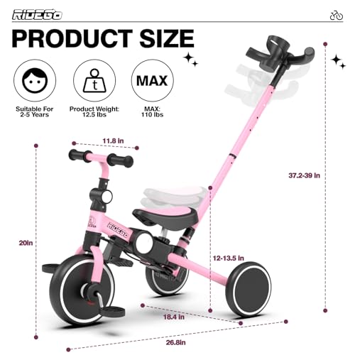 Ridego 5 in 1 Tricycle for Toddlers 3-5 Years Old,Foldable Toddler Bike with Push Handle and Cup Holder, Ideal Balance Bike and Birthday Gifts for 2 3 4 5 Year Old Boys Girls,Pink - Thumbnail 7
