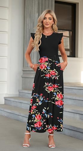AUSELILY Damen Sommer Kurzarm Rundhalsausschnitt Lockeres Maxikleid Lässiges Hohe Taille Langes Kleid mit Taschen(Rose Schwarz,M) 2