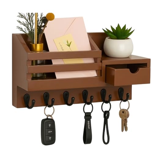 Image of Wooden Wall Mounted Key Holder with Hooks and Organizer Shelf Wall Rack for Letters Wallets and Accessories Home and Office Wall (Brown, Drawer Organizer - 35.5 x 9 x 23 cm)