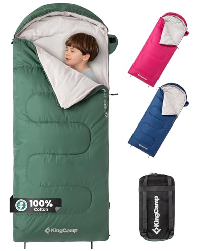 KingCamp Kids Cotton Sleeping Bag, Lightweight Waterproof Camping Sleeping Bag Indoor & Outdoor Use for Kids Age 10-12 (up to 100-140cm),Green