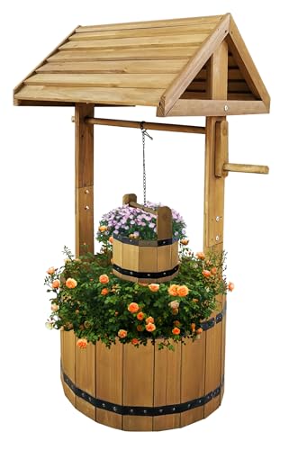 Vivo Technologies Large Wooden Wishing Well Planter Large Solid Pine Ornamental Outdoor Garden Plant Flower Pot Outdoor Ornament Decoration