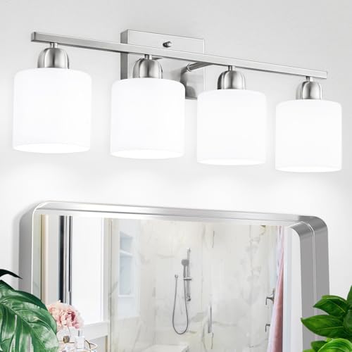 Image of 4 Light Bathroom Light Fixtures, Anti-Rust Finish Brushed Nickel Vanity Lights for Bathroom with Milky White Frosted Glass Shade for Mirror Bedroom Living Room E26 Base