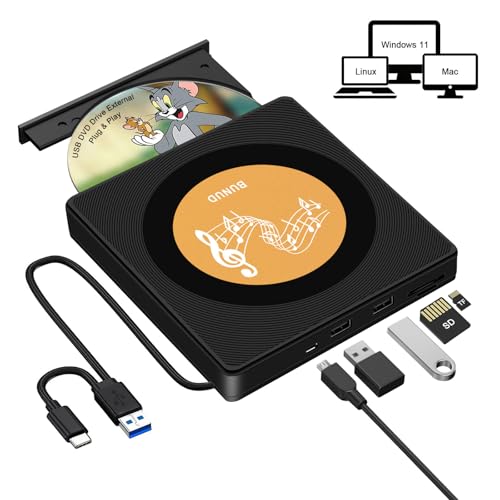 Image of BUNUD External CD /DVD Drive for Laptop: USB 3.0 & Type C CD Burner with 2 USB /TF /SD Slots - Plug & Play Portable + /-RW ROM Reader Player SuperDrive for PC Mac Apple Windows (Gold)
