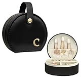 COLLECTIVE HOME - Travel Jewelry Case, Elegant Half-Moon Design with Gold Monogram, Detachable Handle, Personalized Accessory Organizer, Gift for Fashion-Forward Women and Teens, Black (c)
