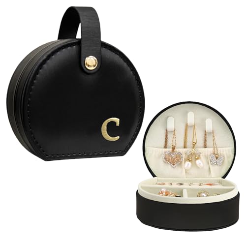 COLLECTIVE HOME - Travel Jewelry Case, Elegant Half-Moon Design with Gold Monogram, Detachable Handle, Personalized Accessory Organizer, Gift for Fashion-Forward Women and Teens, Black (c)