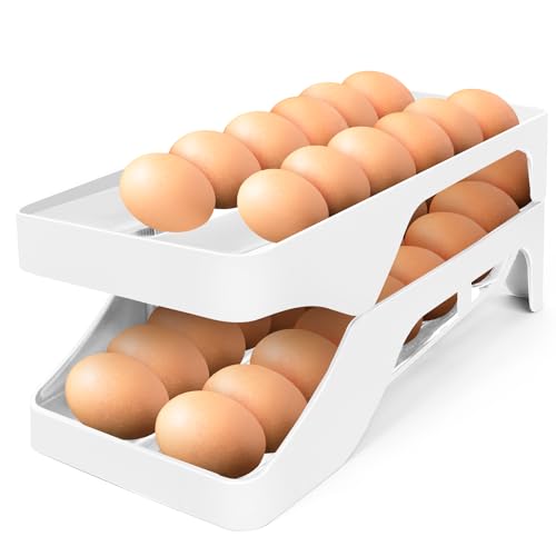ZEJOROSE Egg Holder for Fridge Automatic Rolling Egg Dispenser for Refrigerator Kitchen Countertop - Space-saving Egg Roller/Organizer/Storage/Container/Tray for Fridge Double Track