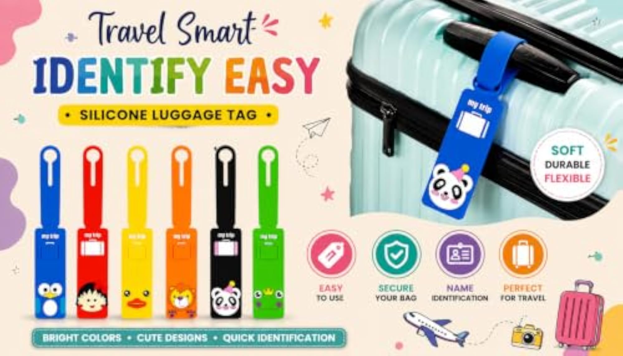 Waterproof Silicone Luggage Tags 6 Pack, Cartoon Suitcase Tags