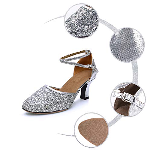 iCKER GetMine Womens Latin Dance Shoes Heeled Ballroom Salsa Tango Party Sequin Dance Shoes Silver-rubbler Sole 8.5 - Thumbnail 5