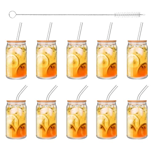 Tronco Beer Can Glasses with Bamboo Lid and Glass Straws,Drinking Glasses 10pcs Set,16oz Can Shaped Glasses with Lid and Straw,Beer Glass Can Cups,Soda Can Glasses,Glass Beer Cups,Iced Coffee Glasses