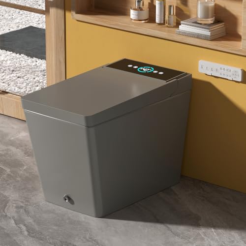WinZo inodoro inteligente gris con bidé integrado, asiento calefaccionado, sin tanque, autoflush automático, agua tibia instantánea, secador, luz nocturna y pantalla digital para baño, acabado mate gris