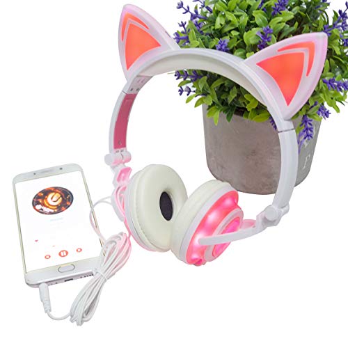 Cute On-Ear Headphones For Girls (4-20 Ages) Foldable Noise Isolating Cat Headphones With Light Up Led Wired Earphones For Ipad Tablet Pc Computer Mobile Phones Xmas Gift (Pink) #TOP5