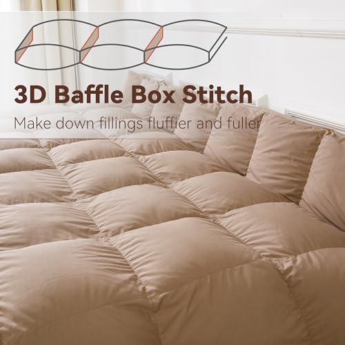 SNOWMAN Premium Down Comforter Palatial King Size, Luxurious All Season Duvet Insert with Cotton Blended Fabric, 53oz Fill Weight 3D Baffle Box Design Hotel Bedding Comforter (Khaki,120"x98")