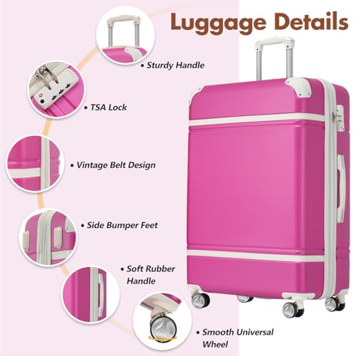 Anwick Hard Shell Carry on Luggage Sets with Bags，Lightweight Suitcase Double Spinner Wheels with TSA Lock，Single Vintage Travel Luggage 24 IN (Pink)4
