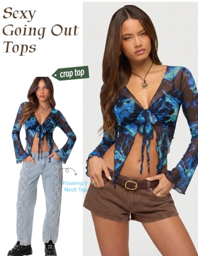 Image of Avidlove Women Mesh Crop Top Y2K Tie Front Tops Rave Top Sheer Cardigan Sexy V Neck Outfits S-2XL