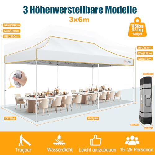 Image of Hoteel Gazebo 3 x 6 Waterproof Stable Winterproof, Reinforced Folding Gazebo with Hexagonal Tube Frame, Anti-UV Party Tent, Foldable Garden Gazebo for Markets, Carry Bag with Wheels, 4 Sand Bags