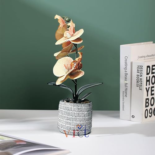 Image of VRCT Artificial Orchid Flowers Mini Potted Orchid Flowers Fake Orchids with Cremic Vase for Home Office Wedding Table Centerpiece Decoration