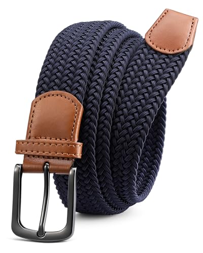 CHAOREN Golf Belts for Men - Mens Stretch Elastic Braided Woven Belts 1 3/8" - Navy Blue Belt for Casual Shorts Jeans