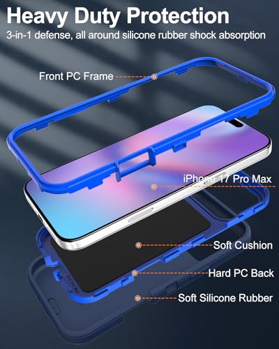 Image of for iPhone 17 Pro Max Case with Port Cover, Rubber Matte, Blue | 3-Layer Heavy Duty Armor, 16ft Drop Protection, Non-Slip Shockproof & Anti-Fingerprint