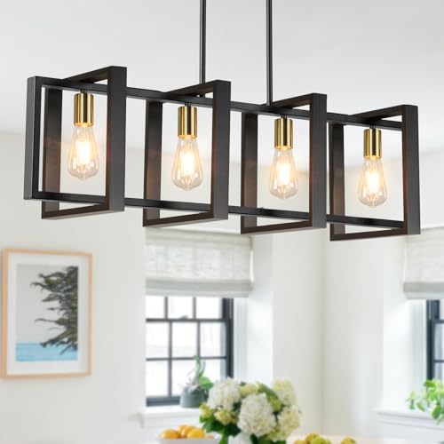 4-Light Dining Room Light Fixture, 53’’ Farmhouse Wood Chandelier Kitchen