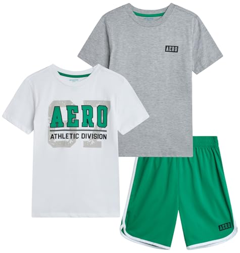 Image of AEROPOSTALE Boys Active Shorts Set - 3 Piece Short Sleeve Active Jersey Tees and Performance Jersey Dolphin Shorts (8-12)
