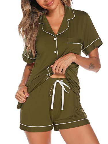 Image of Aamikast Button Up Pajama Set for Women Shorts Short Sleeve Knit Sleepwear 2 Pice Pjs Sets