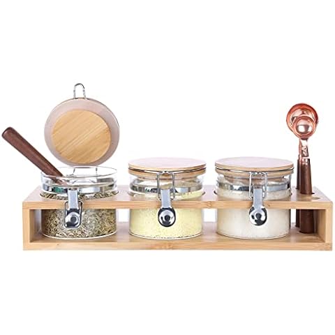 KKC HOME ACCENTS Airtight Glass Storage Jars with Bamboo Clamp Lids,Air Tight Glass Jars with Scoops for Coffee,Tea,Sugar,Flour,Salt,Countertop Sealed Containers,16 Floz Cover