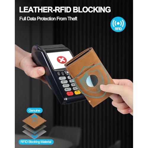 Genuine Leather Wallet for Men Slim Trifold AirTag Holder RFID Blocking 2 ID Windows Pop Up Card Holder Cash Slot Coin Pocket Gift (Brown)4