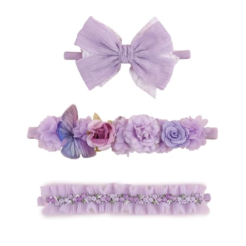 Image of cherrboll 3pcs Baby Girl Headbands Flowers, Super Soft & Stretchy Nylon Floral Hairbands for Newborn Toddler