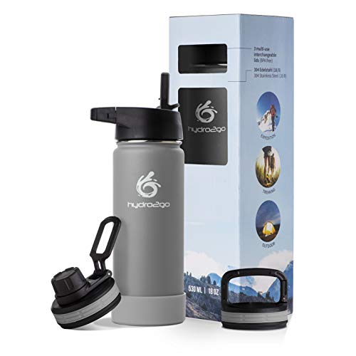 hydro2go Stainless Steel Water Bottle, 500ml, BPA-Free & Leak-Proof, 3 Caps for Kids School, Sports & Outdoors