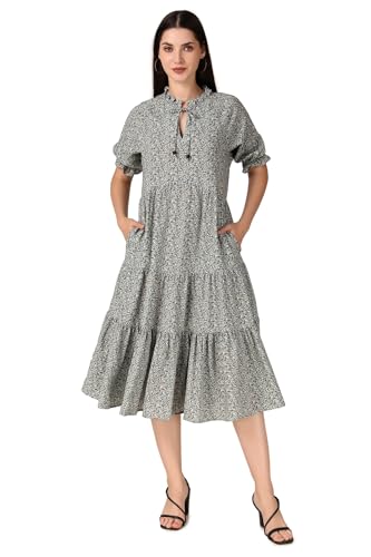 Seryeon Women's Viscose Tie-up Neck Puff Sleeve A-line, One Piece