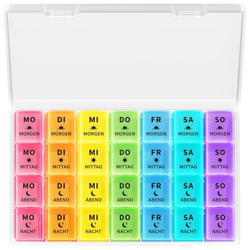 Opret Tablettenbox 7 Tage Morgens Mittags Abends Große Fächer, Pillendose 7 Tage 4 Fächer, Medikamentenbox 7 Tage 4 Fächer Pillenbox 7 Tage Tablettendose Tabletten Wochenbox(weiße Abdeckung)