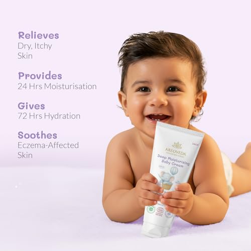 Image of AreoVeda Deep Moisturising Baby Cream (50gm) | 72Hrs Hydration | Suitable for Baby's Dry Skin | With Shea Butter & Saffron Extract | Non-Sticky | For 0-5 Years | Ecocert Certified, EWG Verified