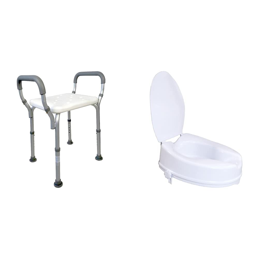 Mobiclinic, Silla Ducha Mayores, Taburete baño Adultos, Acueducto, Marca española, Ortopédica, Aluminio, PVC & Elevador WC para Adulto, con Tapa, 10 centímetros