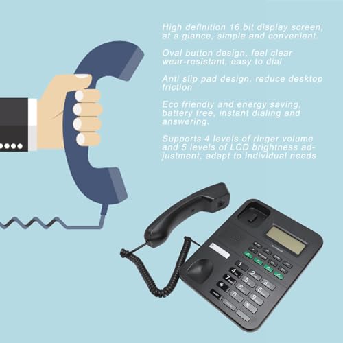 Sanpyl Corded Landline Phone, Caller ID LCD Display 5 Levels Brightness Adjustable 4 Levels Volume, for Home Hotel Office (Black)